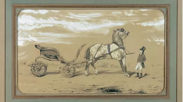 馬車と、そばで待つ従者を描いたアルフレッド・ド・ドルーの絵