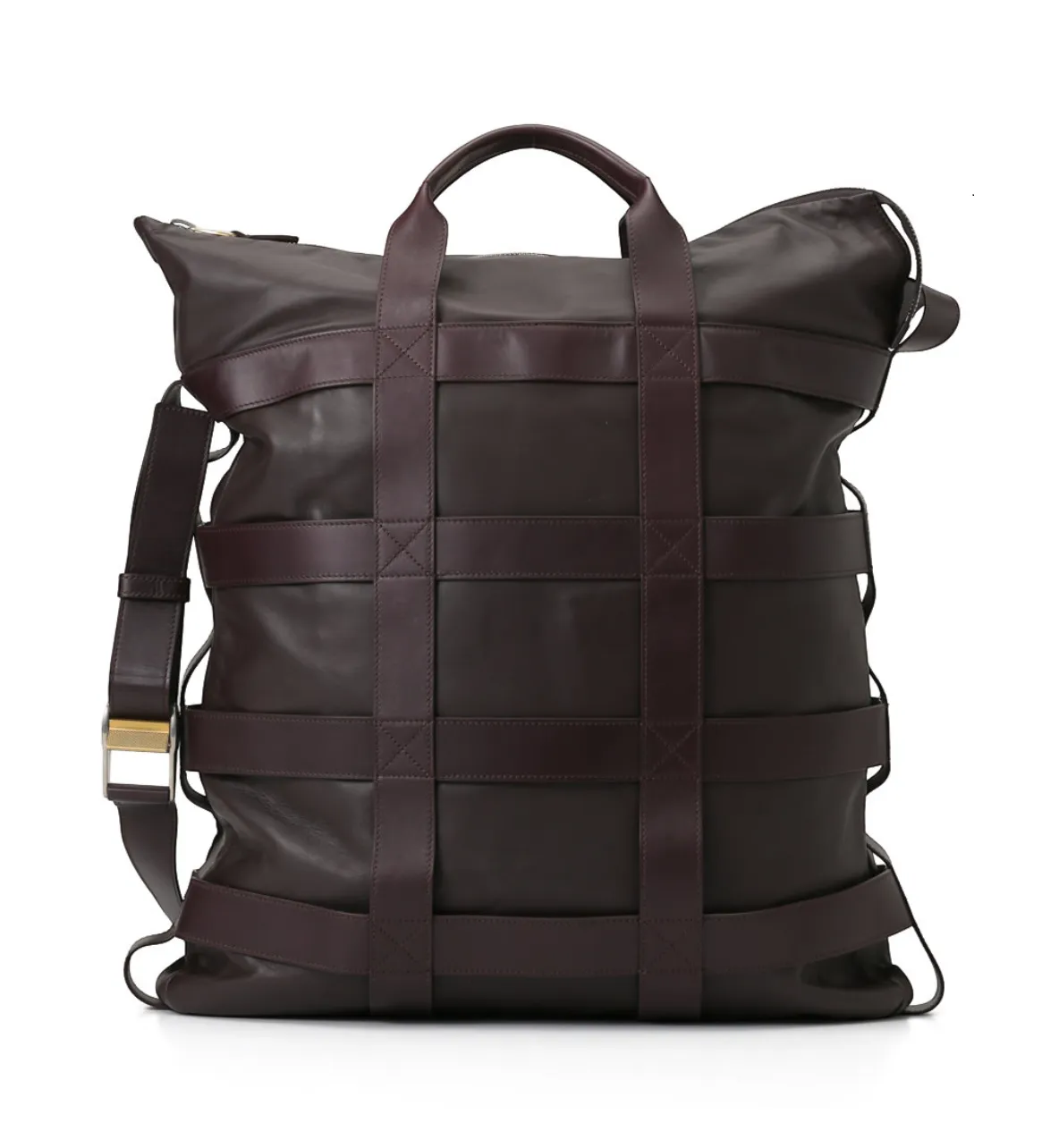 ダークブラウンのレザー製バックパック。縦横にストラップが施され、シンプルでモダンなデザイン。